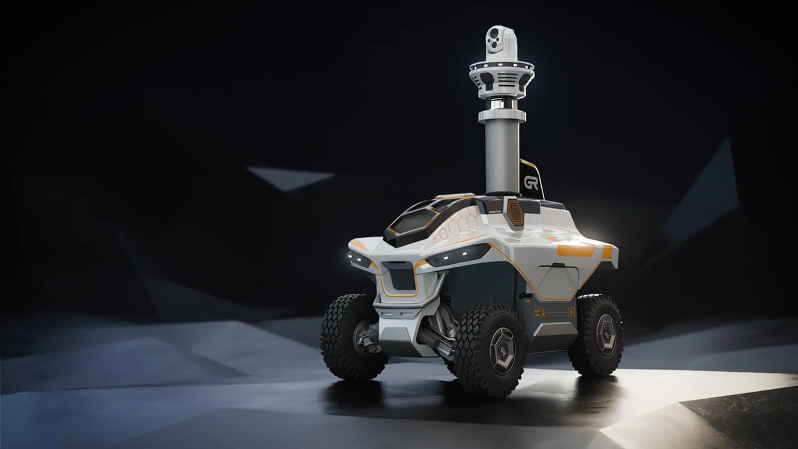 Der autonome Sicherheitsroboter GR-01 mit Kameramast und geländegängigen Rädern